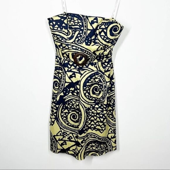 Kay Unger Women's Size 12 NWT  Yellow Blue Pattern Strapless Retro Mini Dress - Picture 6 of 13